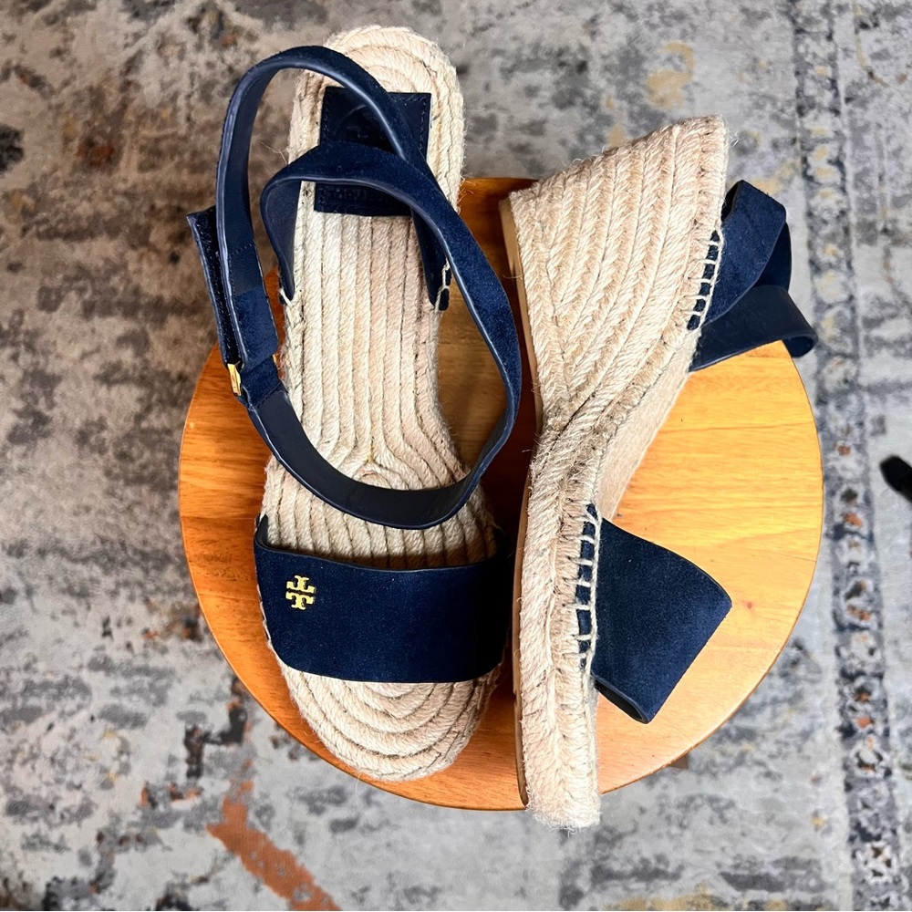 TORY BURCH Navy Suede Bima Espadrille Wedge Sandals Size‎ 8.5 NWOT